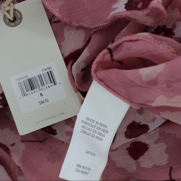 Lucky Brand Mauve Pink Boho Semi Sheer Floral Print Top Ruffle Detailing FLAW - Picture 9 of 11
